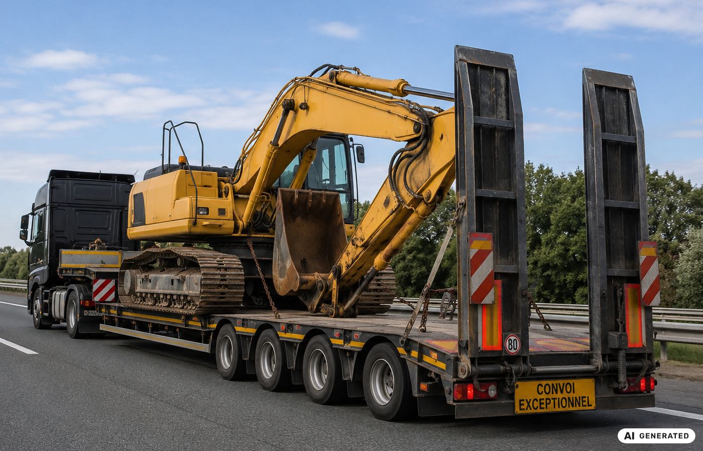 Bagger wird auf einem Tieflader transportiert Bagger wird auf einem Tieflader transportiert